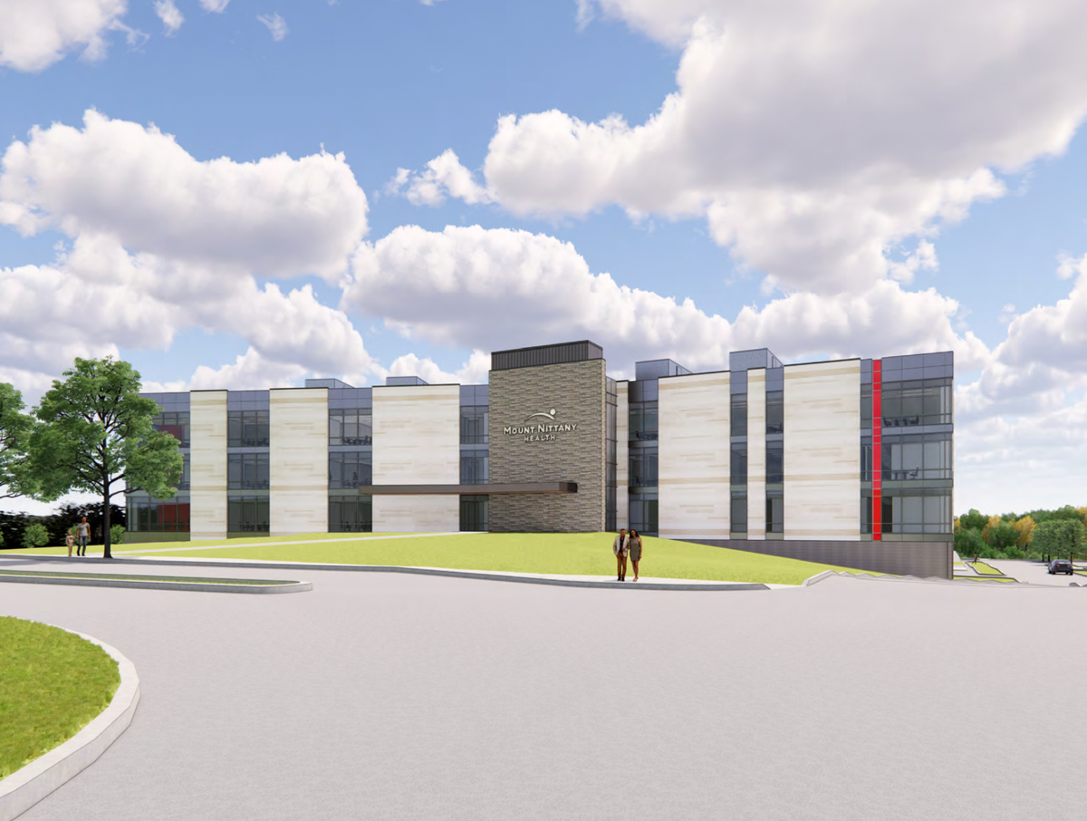 A 3D rending of the proposed Mount Nittany Health outpatient medical center building in Toftrees West, Patton Township. The center is proposed to be a four-story building, with 126,000 gross square feet of area.
