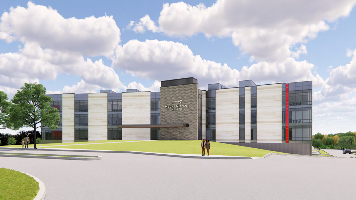 A 3D rending of the proposed Mount Nittany Health outpatient medical center building in Toftrees West, Patton Township. The center is proposed to be a four-story building, with 126,000 gross square feet of area.
