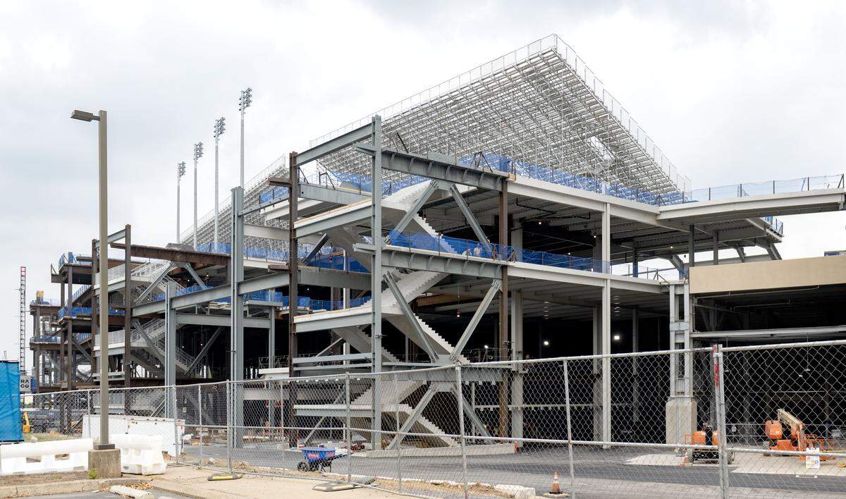 Construction of temporary stands on the west side of Beaver Stadium continues on Wednesday, Aug. 6, 2025.  