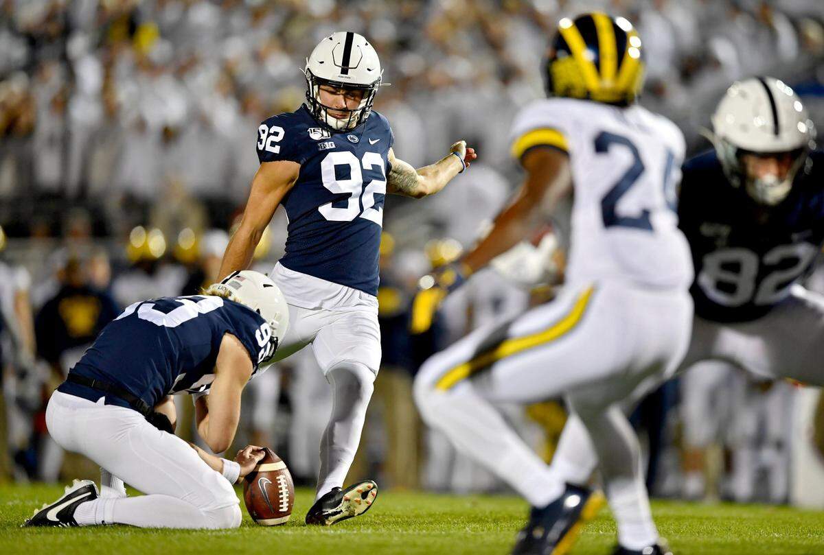 Penn State’s Jake Pinegar kicks for the extra point during the game against Michigan on Saturday, Oct. 19, 2019.