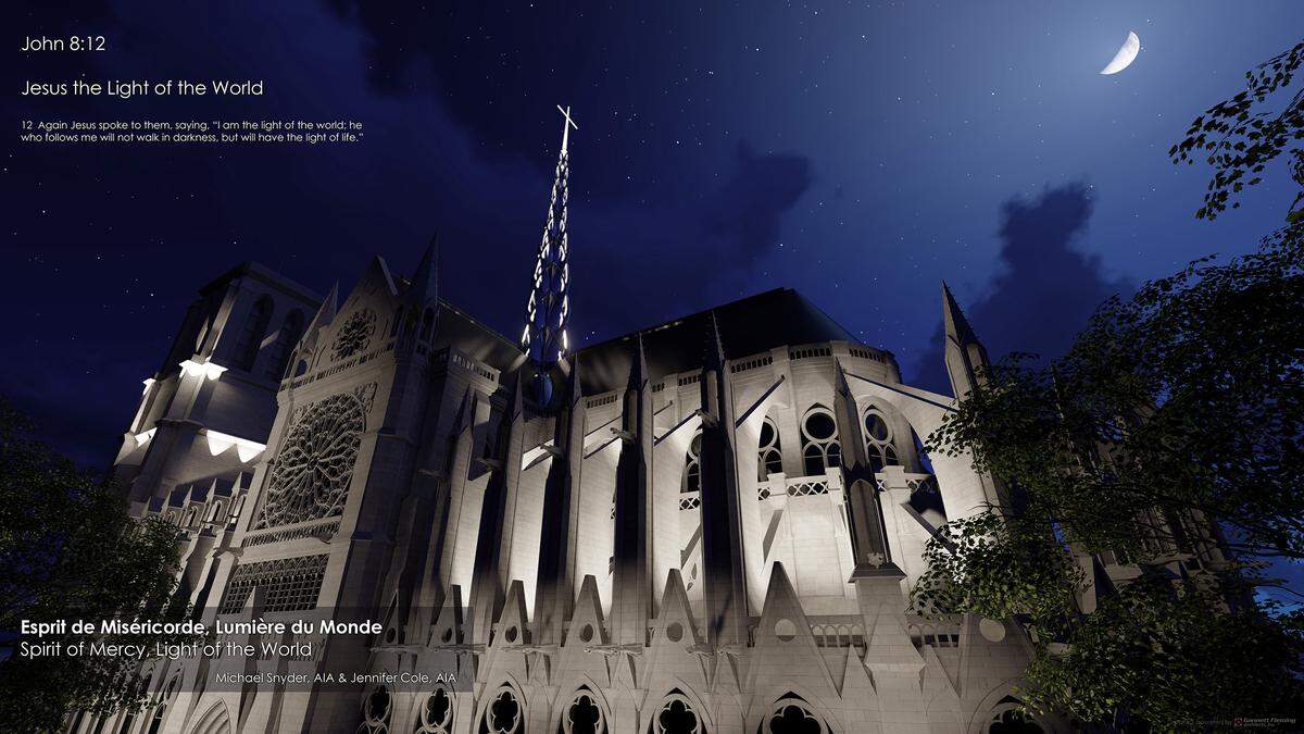 A view from the ground of the proposed Notre-Dame design plan submitted by Penn State alumni and architects Michael Snyder and Jennifer Cole.
