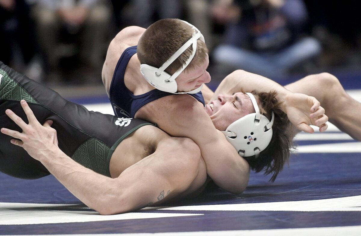 Penn State’s Jason Nolf pins Michigan State’s Jake Tucker in the 157 lb bout during the match on Friday, Feb. 15, 2019.