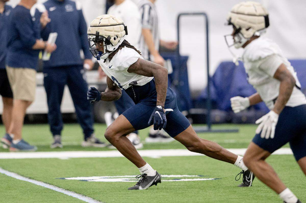 Penn State wide receiver Dante Cephas runs a route during practice on Sunday, Aug. 6, 2023.