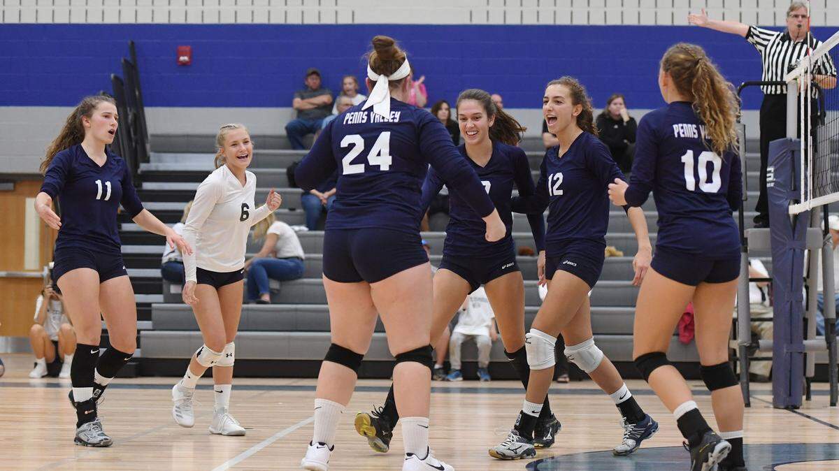 The Penns Valley girls volleyball team celebrates winning a point during a game against Clearfield Tuesday, Sept. 11, 2018 at Penns Valley High School.