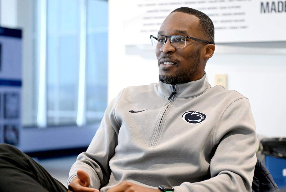 Penn State safeties coach Deon Broomfield talks with the media on Wednesday, Feb. 4, 2026.  