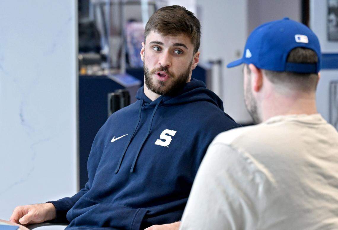Pen State linebacker Caleb Bacon answers questions during a media availability on Wednesday, Feb. 25, 2026.