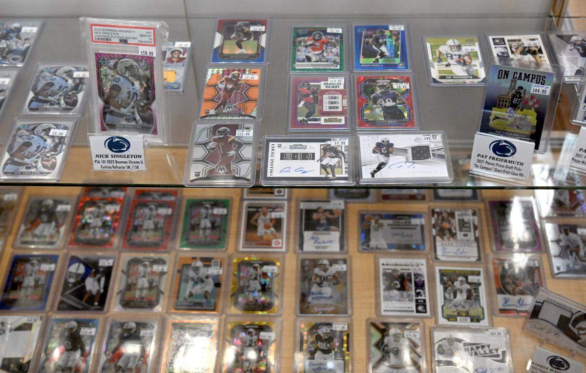 Cards on display featuring former Penn State football players at the new Nittany Cards Plus on Wednesday.