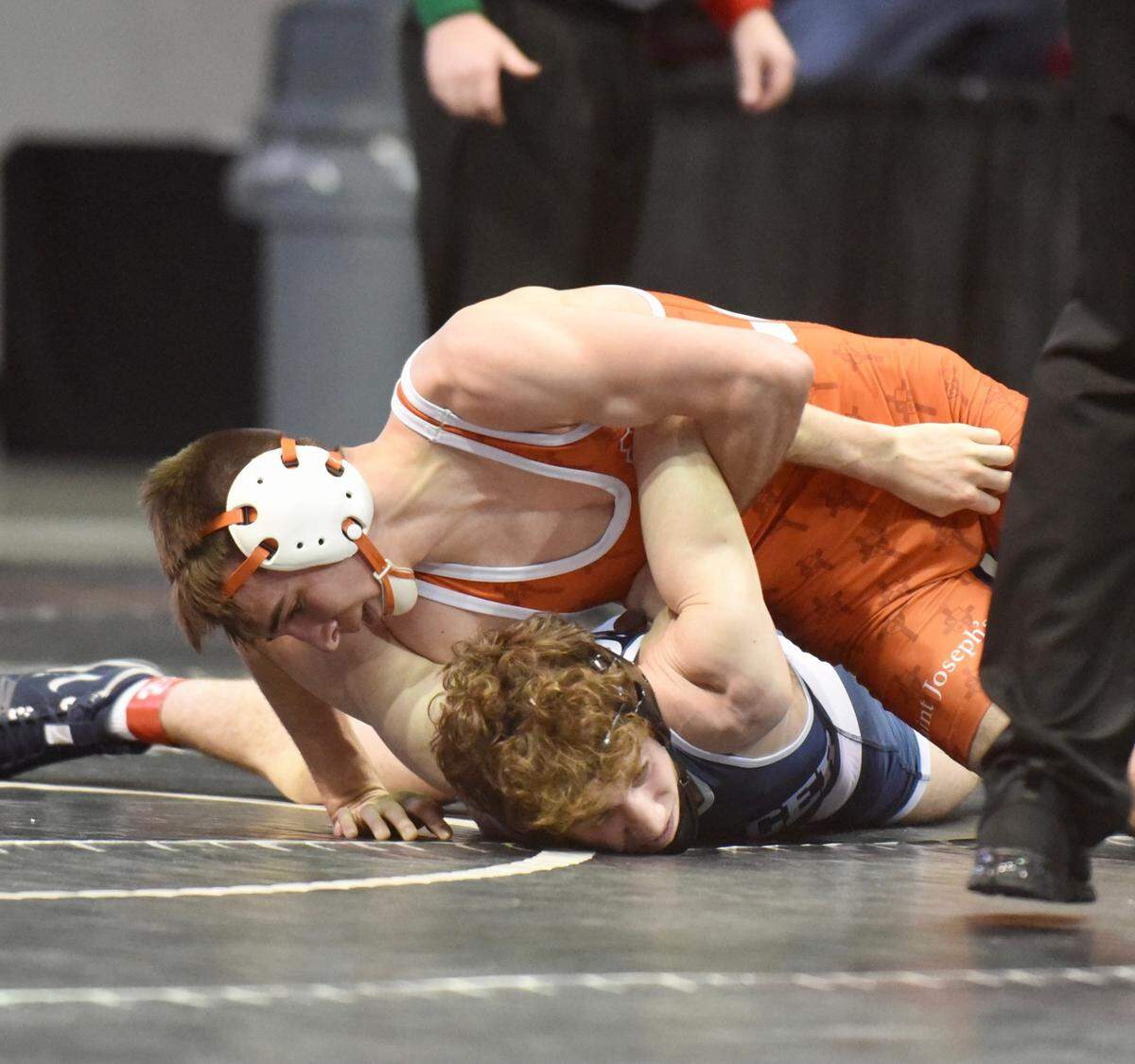 Amonn Ohl, of Saint Joseph’s Catholic Academy defeated Mercer’s Carson Filer 11-0 to finish third at the 2021 PIAA West Class 2A Super Regional on Saturday, March 6, 2021, at the Kovalchick Convention and Athletic Complex at Indiana University of Pennsylvania.