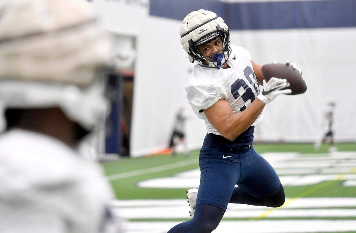 Penn State running back Ariel Davis makes a catch during spring practice on Tuesday, March 14, 2023.