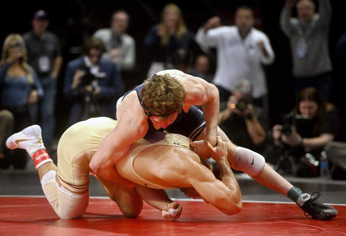 Penn State’s Bernie Truax controls Minnesota’s Isaiah Salazar in the 184 lb championship bout of the Big Ten Wrestling tournament at the Xfinity Center at the University of Maryland on Sunday, March 10, 2024.