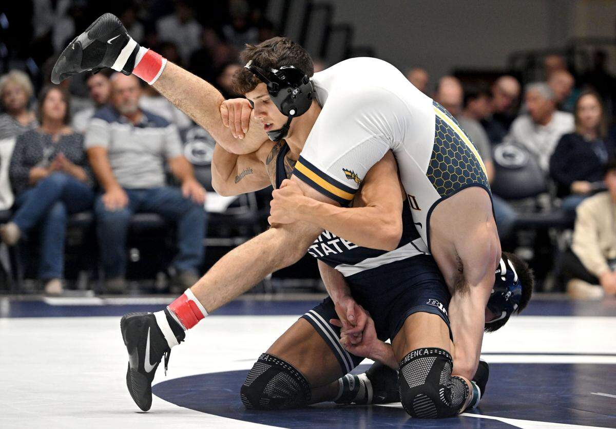 Penn State’s Alex Facundo controls Drexel’s Luke Nichter in the 157 lb bout of the match on Sunday, Nov. 17, 2024 at Rec Hall. Facundo won by decision, 8-6.