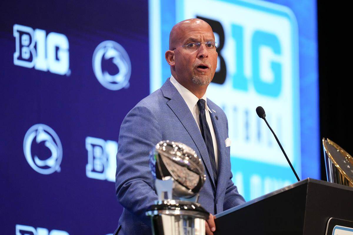Jul 23, 2025; Las Vegas, NV, USA; Penn State head coach James Franklin speaks to the media during the Big Ten NCAA college football media days at Mandalay Bay Resort. Mandatory Credit: Lucas Peltier-Imagn Images
