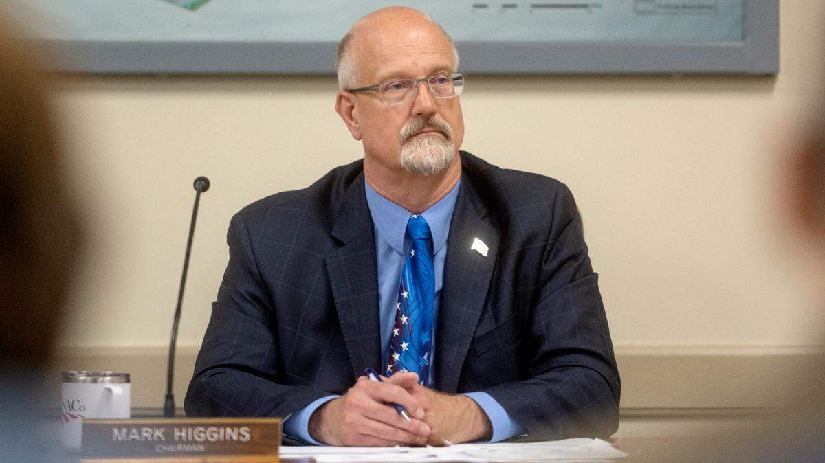 Commissioner Mark Higgins, pictured at a June 2023 meeting, voted for a resolution to urge Pennsylvania lawmakers to end the budget impasse. 