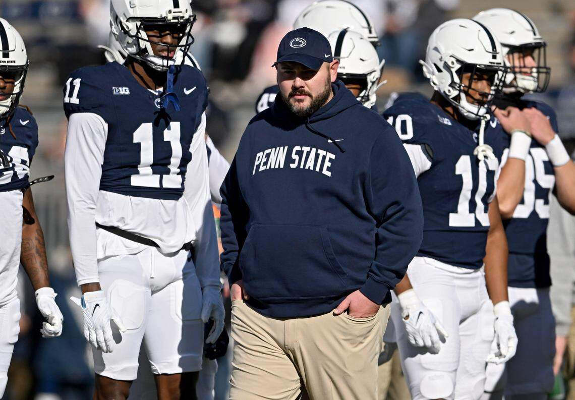 Penn State co-offensive coordinator Ty Howle watches warm-ups for the game against Rutgers on Saturday, Nov. 18, 2023.