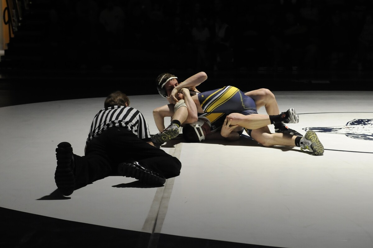 Penns Valley’s Malachi DuVall attemps to spladle Southern Huntingdon’s Brandon Runk in their 145-pound match during the Rams’ 59-21 win on Friday night. DuVall pinned Runk in 1:59.