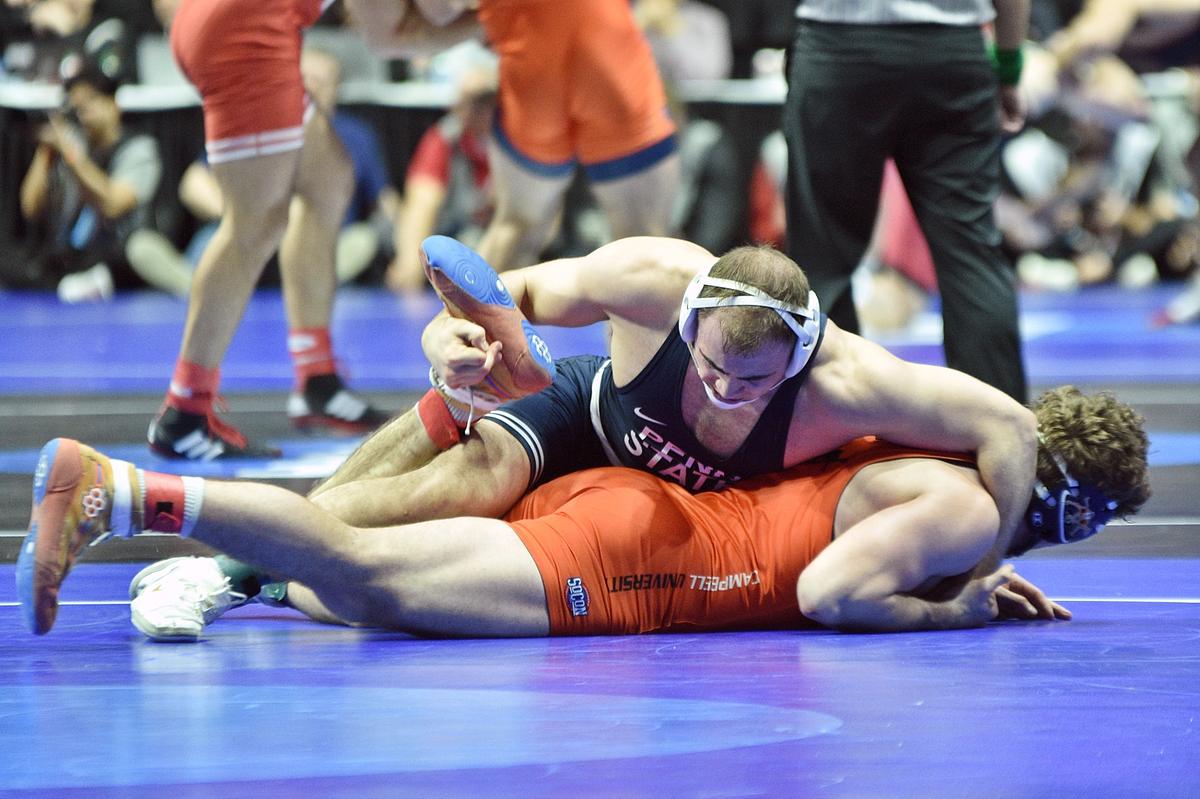 Penn State’s Max Dean controls Campbell’s Levi Hopkins in their 197-pound first round match of the NCAA Championships on Thursday, March 16, 2023 at the BOK Center in Tulsa, Okla. Dean beat Hopkins, 6-1.
