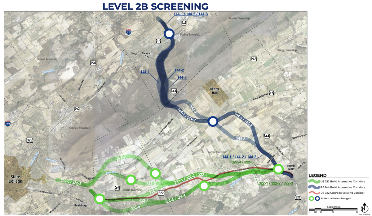 Alternatives listed on the project site include corridors on 144 and 322. Nine alternatives are listed, five of the alignments are grouped along Route 322, three are grouped along Route 144 and one maintains the existing alignment of the roadway.