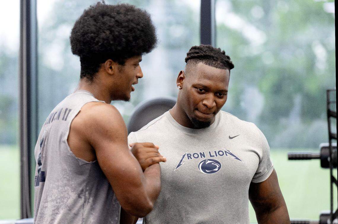 Penn State’s Lavar Arrington II, left, greets Zane Durant during a summer strength session on Monday, July 14, 2025 in the Lasch Building.  