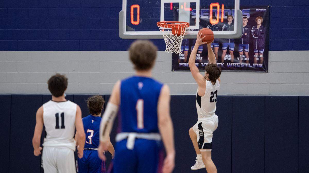 Penns Valley’s Zach Braucht dunks the basketball against Saint Joseph’s Catholic Academy on Friday, Jan. 14, 2022 in Spring Mills, Pa.