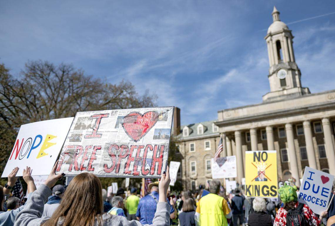 More than 1,500 people gathered on Old Main lawn for the No Kings anti-Trump rally on Saturday, Oct. 18, 2025. 