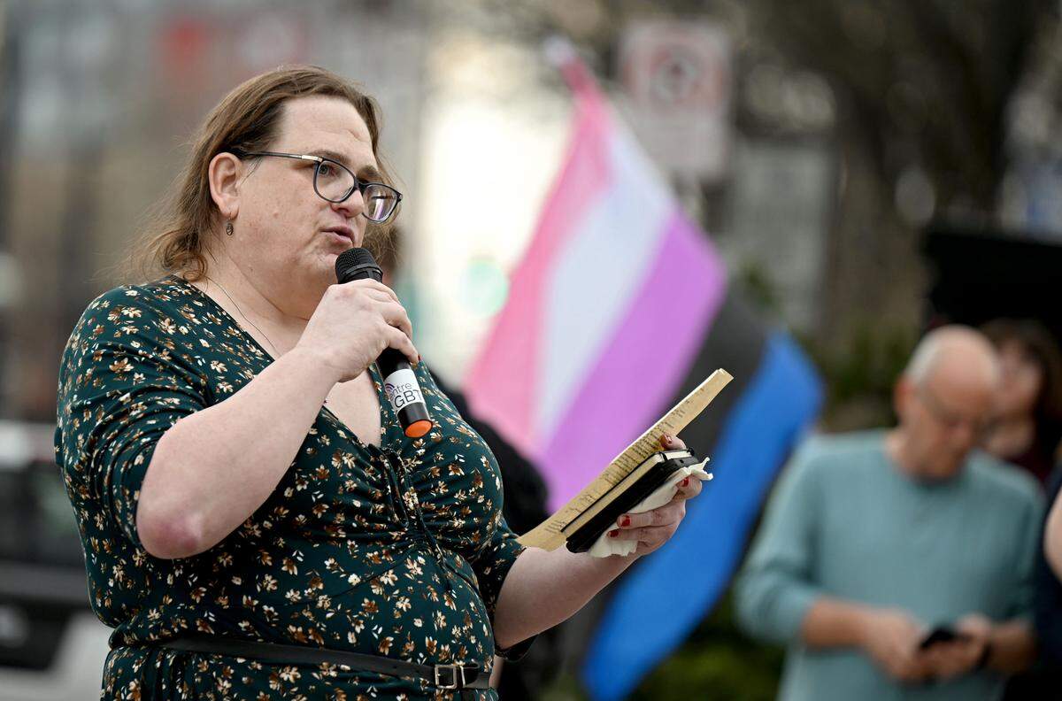 Sophie Kandler talks about a mentor and being stronger together during the Transgender Day of Visibility rally hosted by Centre LGBT+ on Tuesday, March 31, 2026.  
