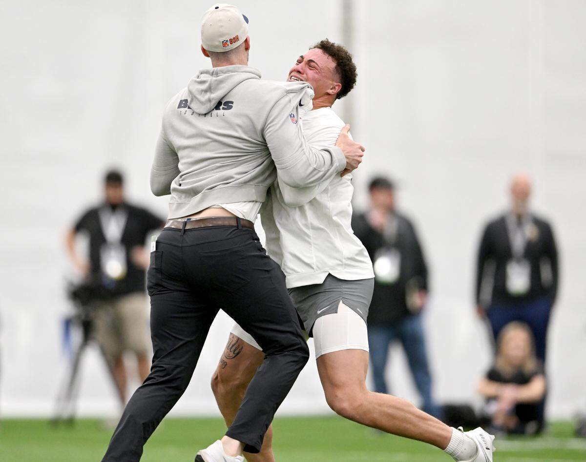 Tight end Theo Johnson runs a drill with an NFL scout during Penn State’s Pro Day on Friday, March 15, 2024 in Holuba Hall.