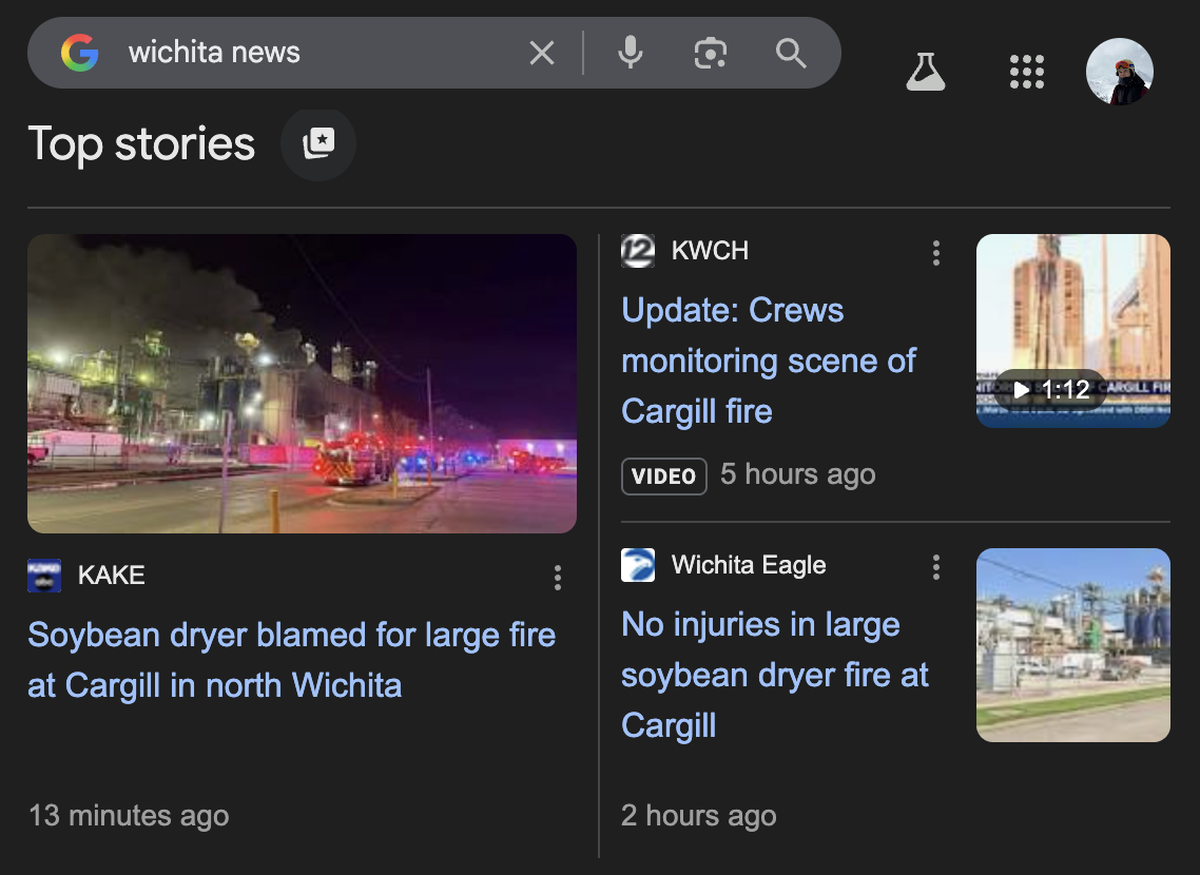 This screenshot shows Google search results for top stories. You can add the Wichita Eagle to your “preferred sources” by clicking the icon to the right of “Top stories.”