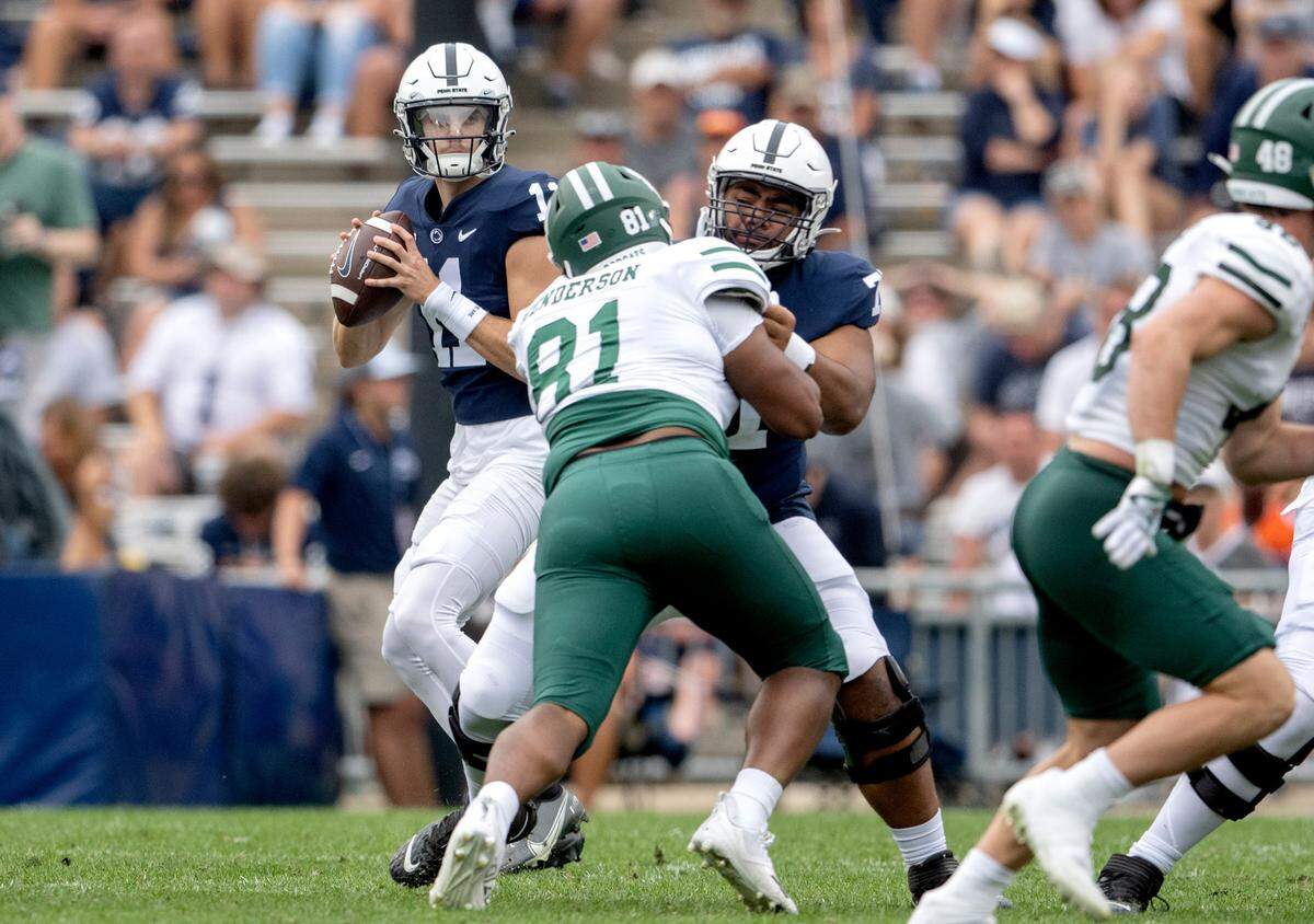 Penn State quarterback Christian Veilleux looks to make a pass during the game on Saturday, Sept. 10, 2022.