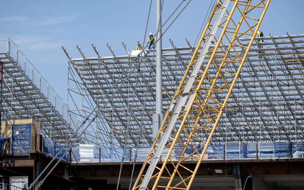 Installation of temporary stands on the west side of Beaver Stadium on Tuesday, July 29, 2025.  