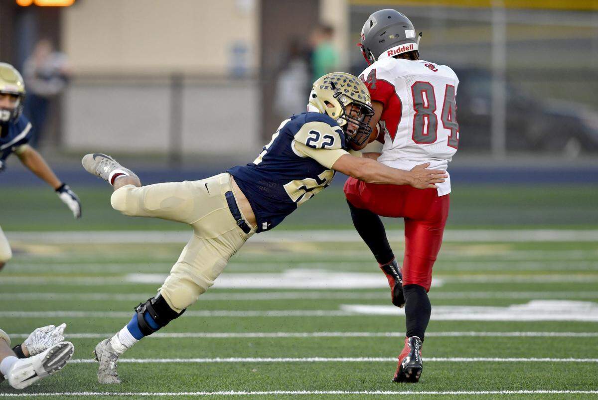 Bald Eagle Area’s Gage McClenahan stops Central’s ball carrier Dometrious Harbaugh during the game on Friday, Spet. 20, 2019.  