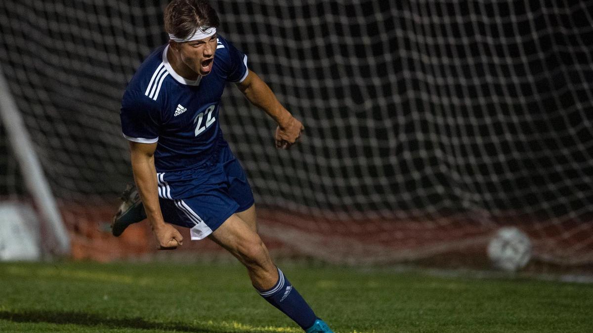 Penns ValleyÕs Michael Johnson celebrates his goal as the ball hits the back of the net during the game against Philipsburg-Osceola on Tuesday, Oct. 27, 2020.