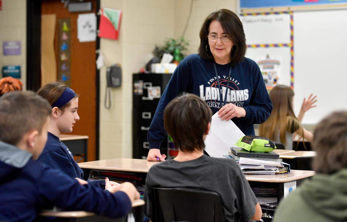 Karen McCaffrey asks some of her sixth grade students a math question at Penns Valley Intermediate school on March 4.