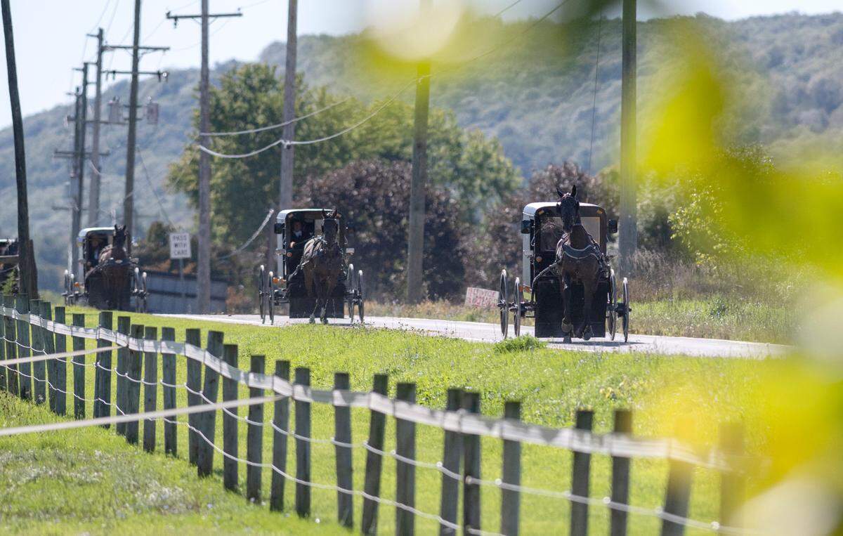 The funeral procession for Andrew, Nathan and Daniel Beiler travels along Lower Brush Valley Road on Friday.