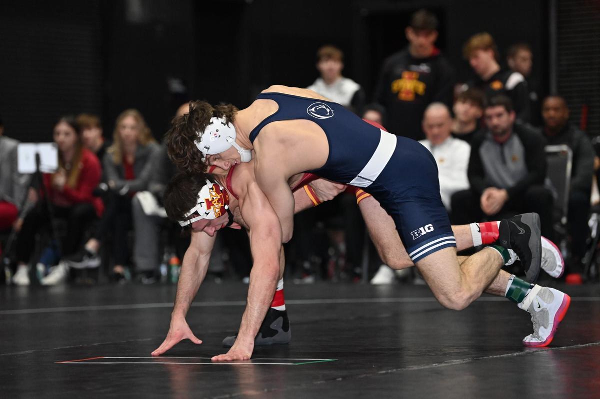 Penn State’s Levi Haines controls Iowa State’s Jason Kraisser in their 157-pound match of the Nittany Lions’ 22-12 win over the Cyclones on Tuesday, Dec. 20, 2022. Haines beat Kraisser, 8-3.