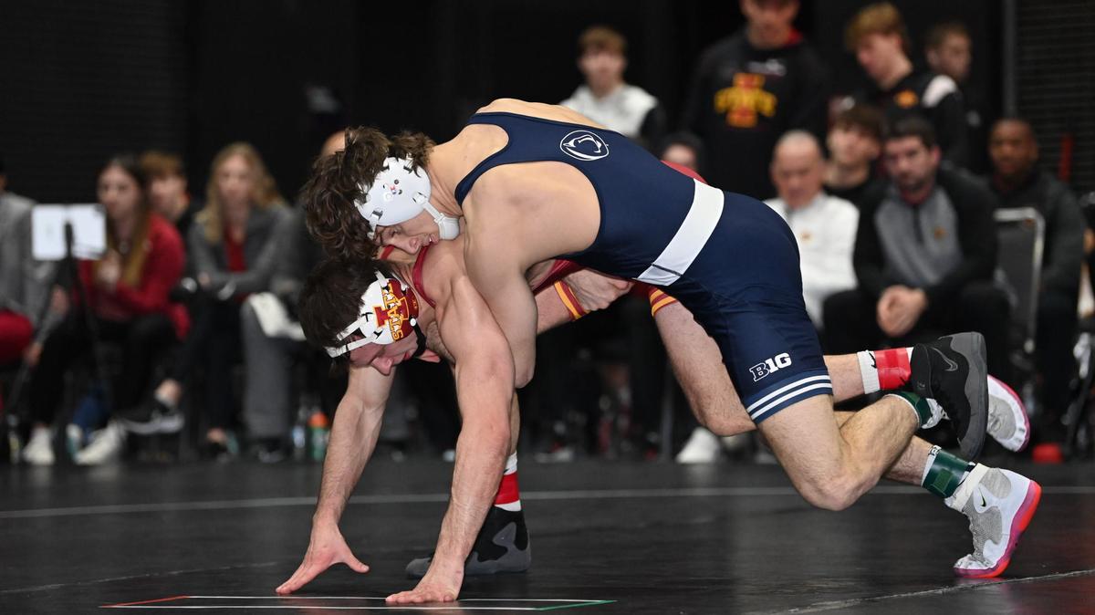 Penn State’s Levi Haines earned a 16-6 major decision over No. 16 Garrett Model of Wisconsin (not pictured) to help lead the Nittany Lions to a 28-11 win over the Badgers on Friday night.