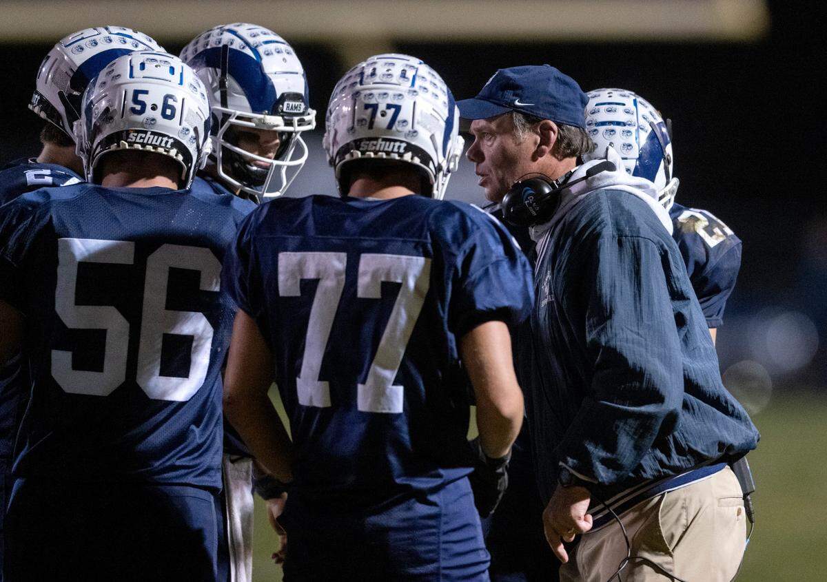 Penns Valley football coach Martin Tobias talks to his players during the game against Bald Eagle Area on Thursday, Nov. 10, 2022.