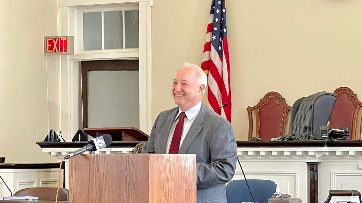 Detective Stephen Bosak, of the State College Police Department, thanks the Centre County District Attorney’s Office on Tuesday, July 13, 2021, as he receives the 2021 Law Enforcement Officer of the Year award at the Centre County Courthouse. Trooper Michael Brown, of the Pennsylvania State Police, was also given the award.