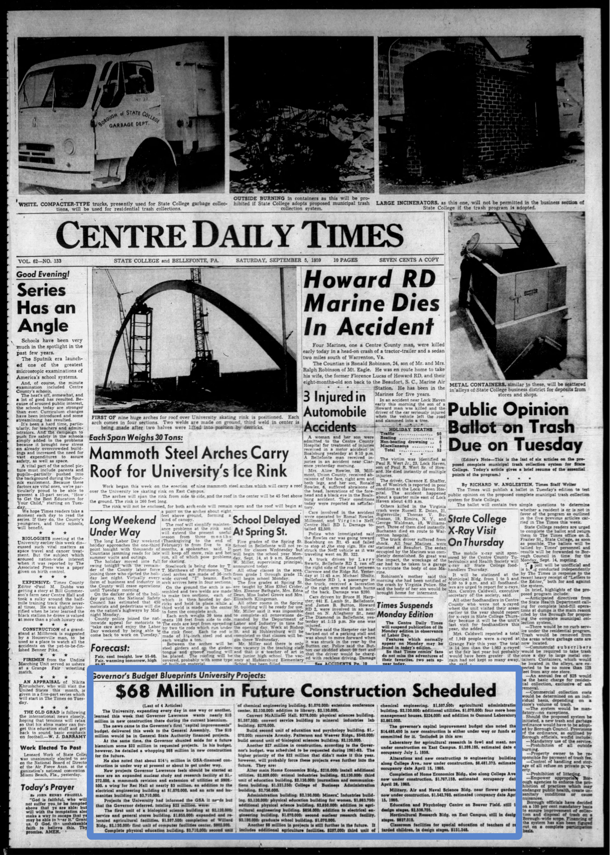The Sept. 5, 1959, issue of the Centre Daily Times tells of a massive capital investment in Penn State.