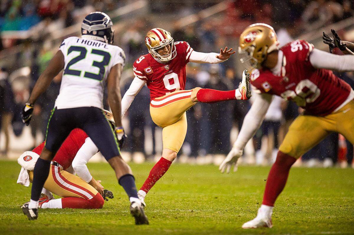 San Francisco 49ers kicker Robbie Gould (9) kicks the winning field goal in overtime against the Seattle Seahawks during a game at the Levi’s Stadium on Sunday, December 16, 2018 in Santa Clara.