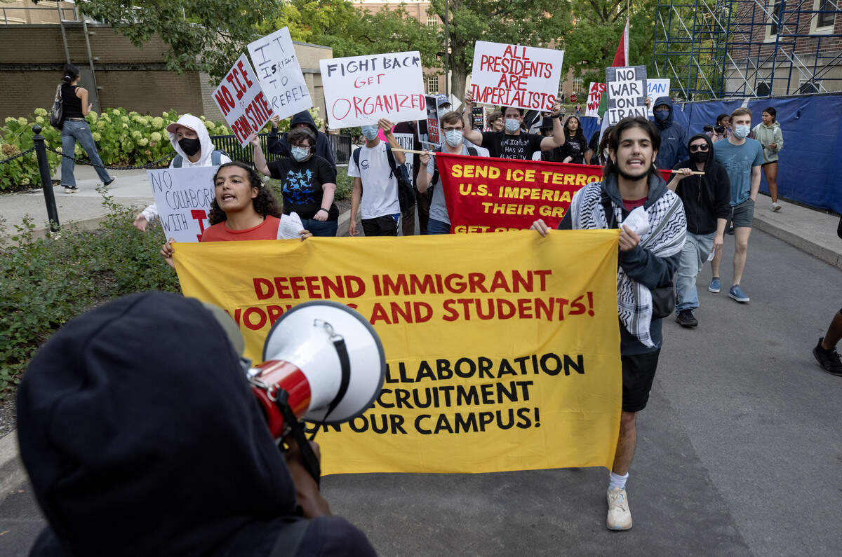 An anti-ICE protest marches through the Penn State campus on Thursday, Sept. 11, 2025.