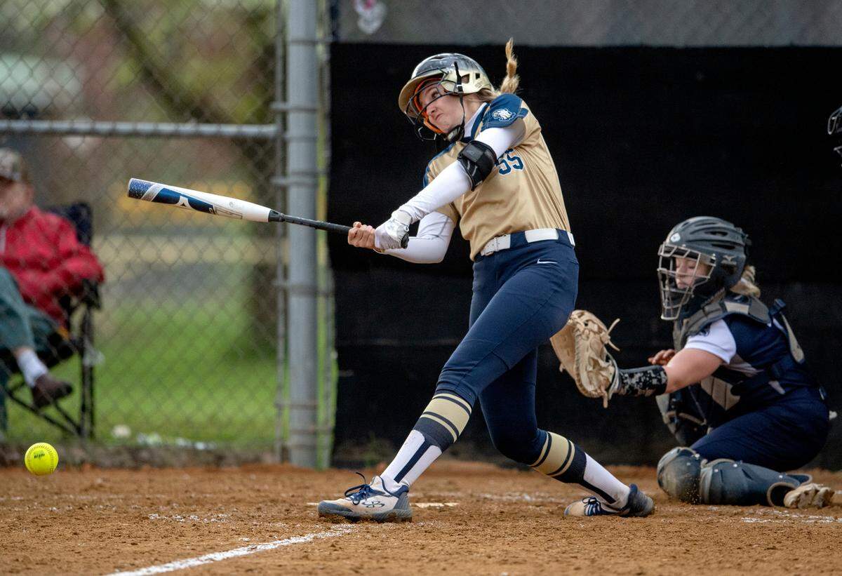 Bald Eagle Area’s Katelyn Smitchko hits a double that scored a run during the softball game against Philipsburg-Osceola on Tuesday, April 26, 2022.