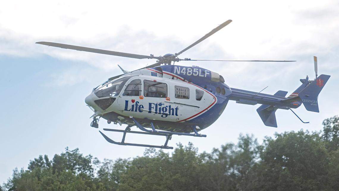 A patient is taken by Life Flight helicopter from Union Township on Aug. 8, 2023. Hundreds are people are flown from Centre County each year to trauma centers, but one of the most common destinations, UPMC Altoona, announced it’s downgrading its trauma center.