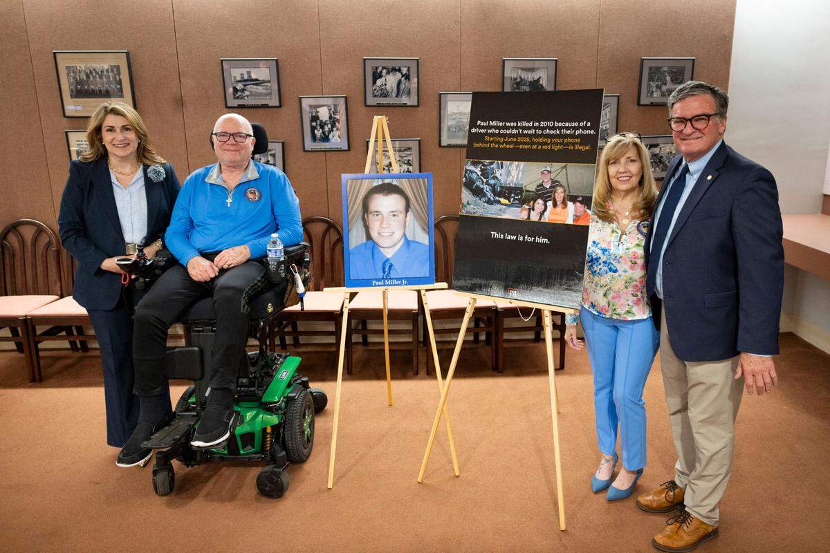 The Shapiro administration reminds drivers to put down the phone while driving ahead of the effective date for “Paul Miller’s Law” on June 5. This new law makes it illegal to use a hand-held cellphone while driving, in Harrisburg on May 27, 2025.