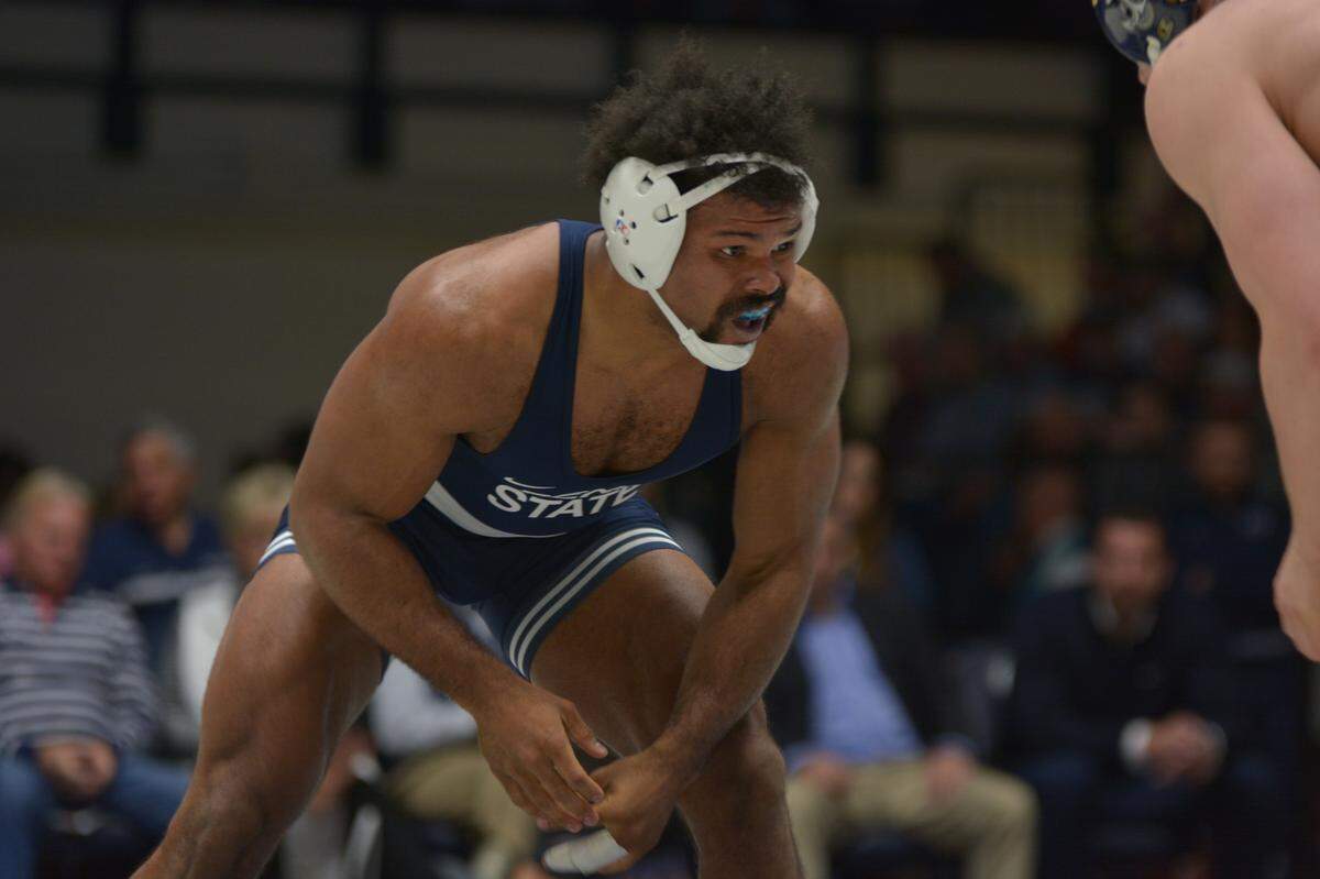 Penn State’s Kyle Conel made his Rec Hall debut on Sunday against Navy’s John Birchmeier at 197 pounds. Conel won with a late reversal, 4-3.
