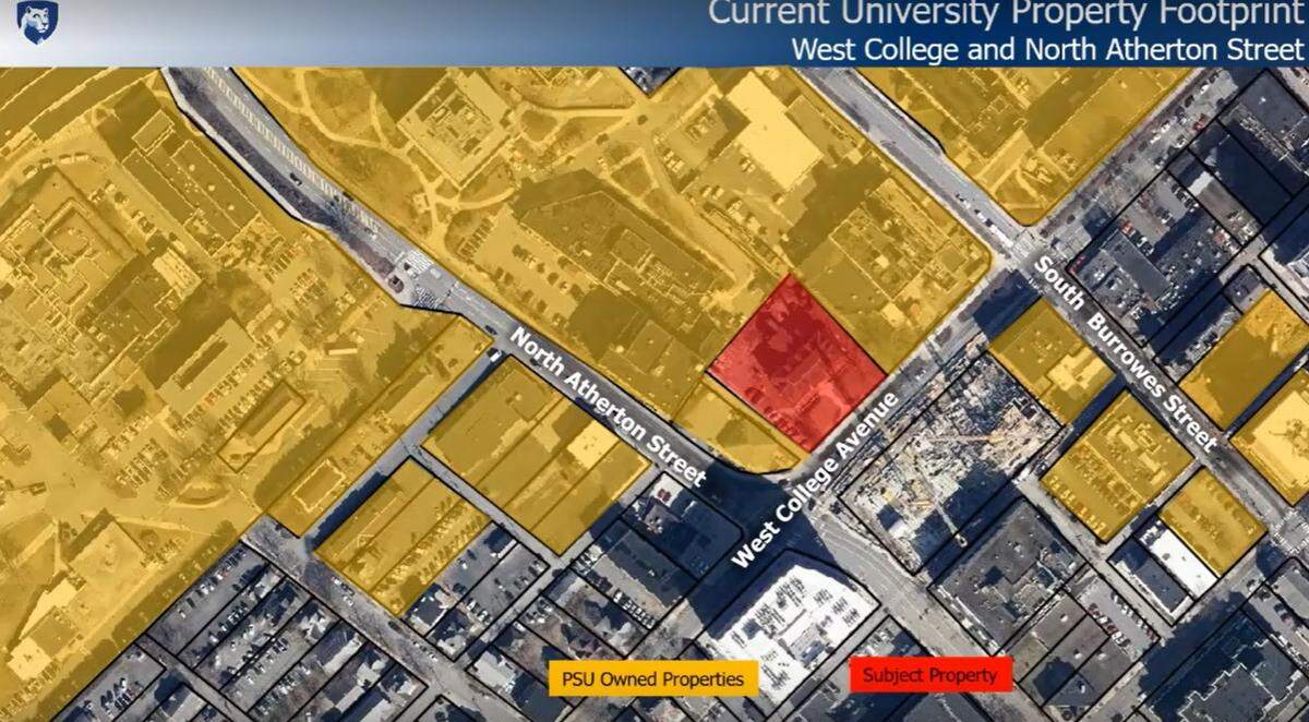 A graphic is shown during a board of trustees subcommitee meeting Thursday of the property Penn State is seeking to purchase at 331 W. College Ave. As long as the full board of trustees approves of the sale Friday, Penn State would then own all of the parcels on the northern side of College Avenue.