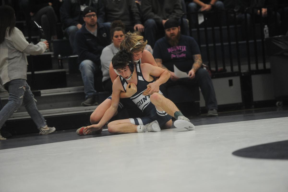 Penns Valley’s Max King attempts to keep Philipsburg-Osceola’s Ben Gustkey from escaping in their 139-pound bout of the Rams’ 51-14 win on Tuesday, January 17, 2023. Gustkey edged King, 2-1, in rideouts.