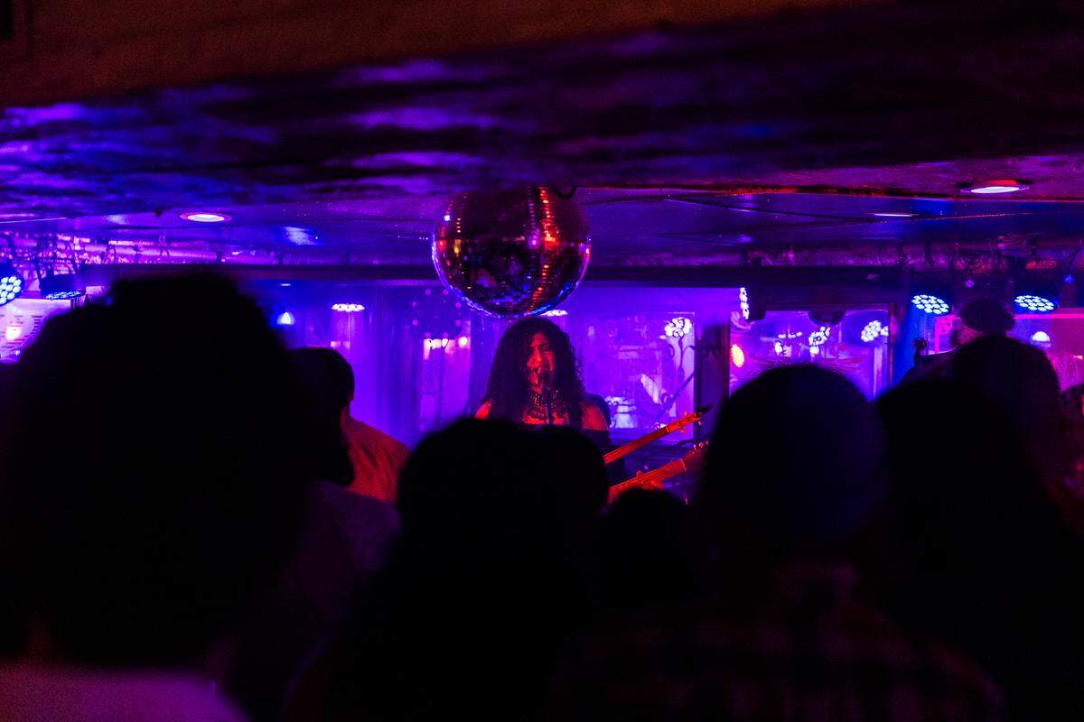 Lead singer Yousra Mansour of the Franco-Moroccan band Bab L’ Bluz performs at Manny’s Live Performance Space on Thursday, April 1, 2026.