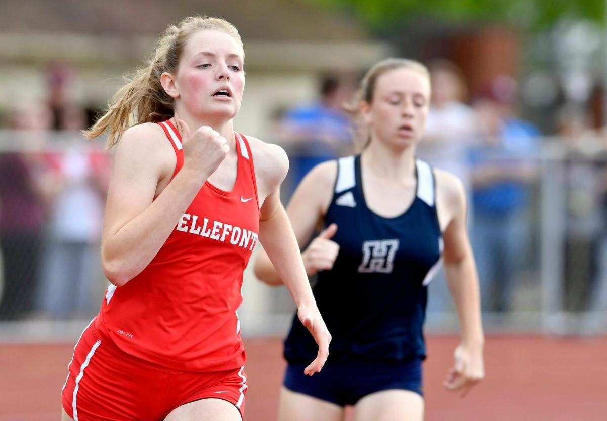 Bellefonte’s Chelsea Robson comes in fourth in the 400 meter dash during the District 6 AAA track and field championships on Thursday, May 17, 2018 at Mansion Park.