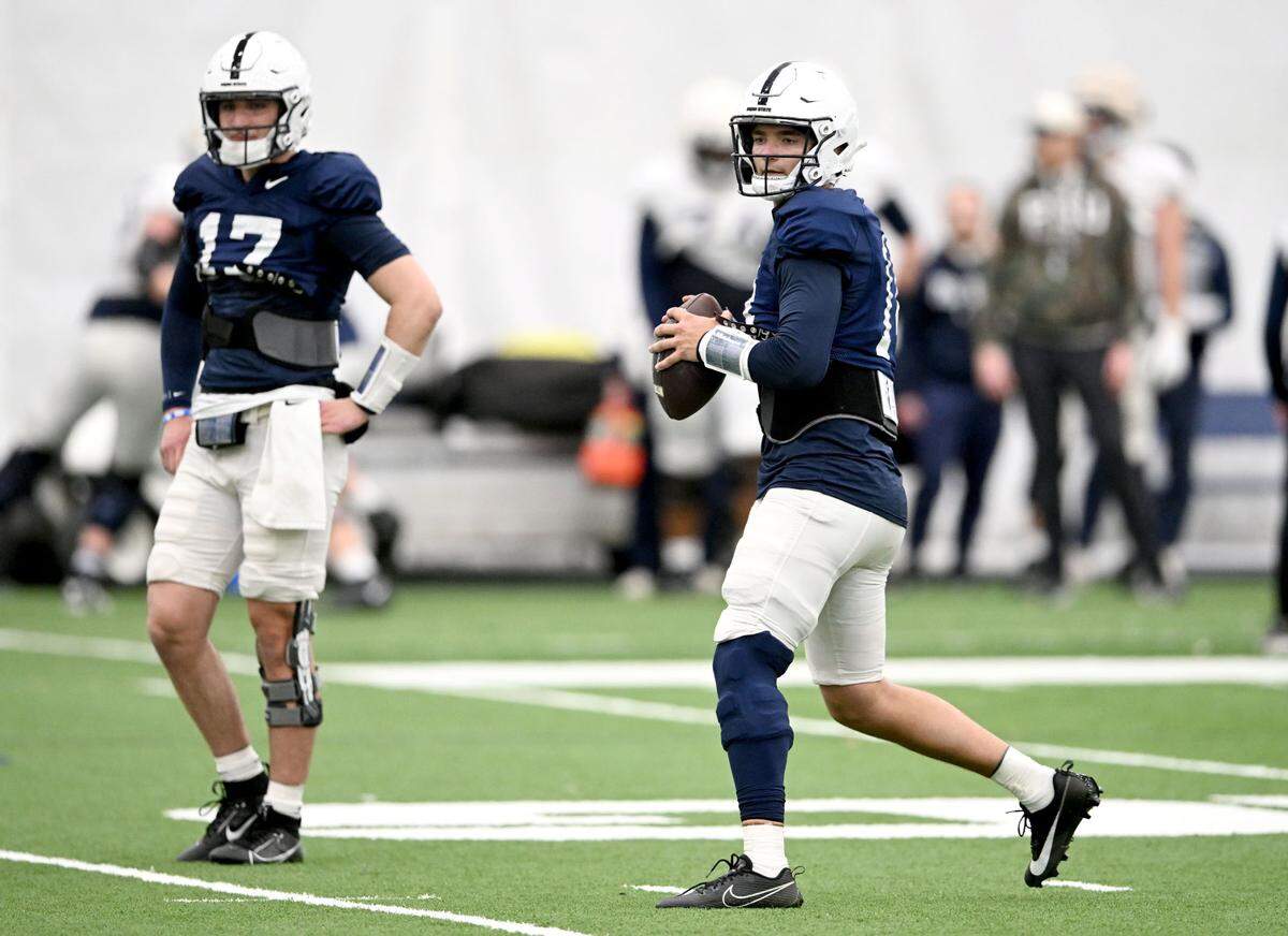 Penn State quarterback Jaxon Smolik looks to make a pass during spring football practice on Tuesday, April 1, 2025.