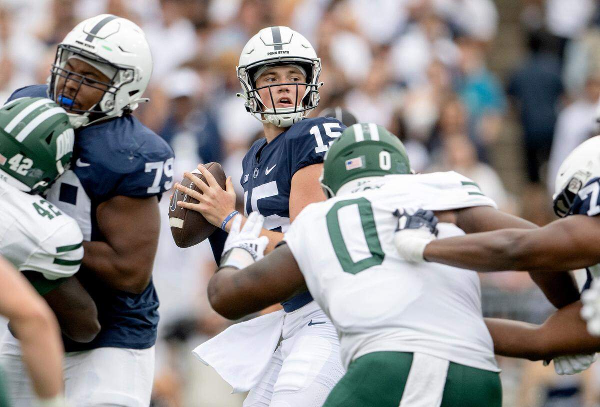 Penn State quarterback Drew Allar looks to make a pass during the game against Ohio on Saturday, Sept. 10, 2022.
